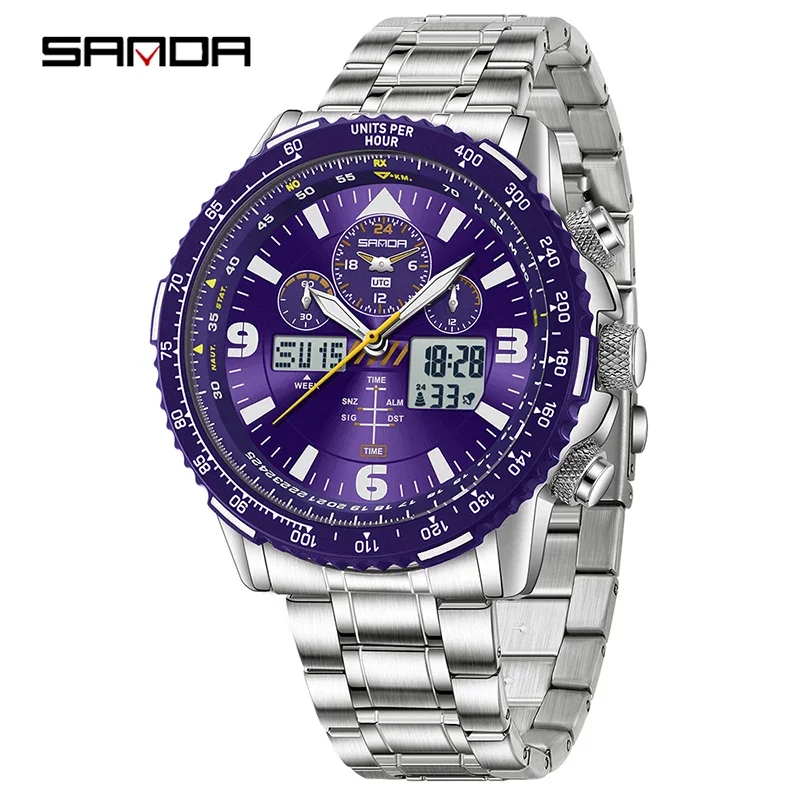 SANDA Neue Business-Quarzuhren für Herren, modisches Edelstahlband, Datum, multifunktionaler Chronograph, 5 Bar, wasserdichte Uhr