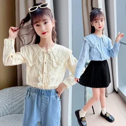 New Girls Blue Beige Blouse Fall Cute Long Sleeves Children Cotton Shirts Girl Blouses Teenager School Clothes Kids Tops 6 8 10Y