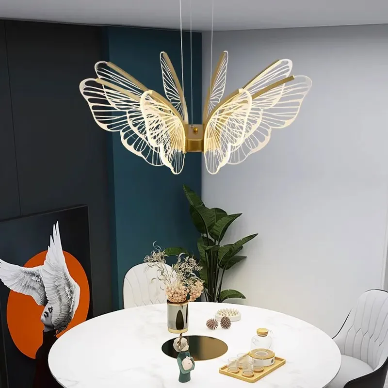 Nordic Minimalist LED Gold Acrylic Board Butterfly Design Pendant Light Living Room Dining Room Indoor Hang Decoration Fixtures
