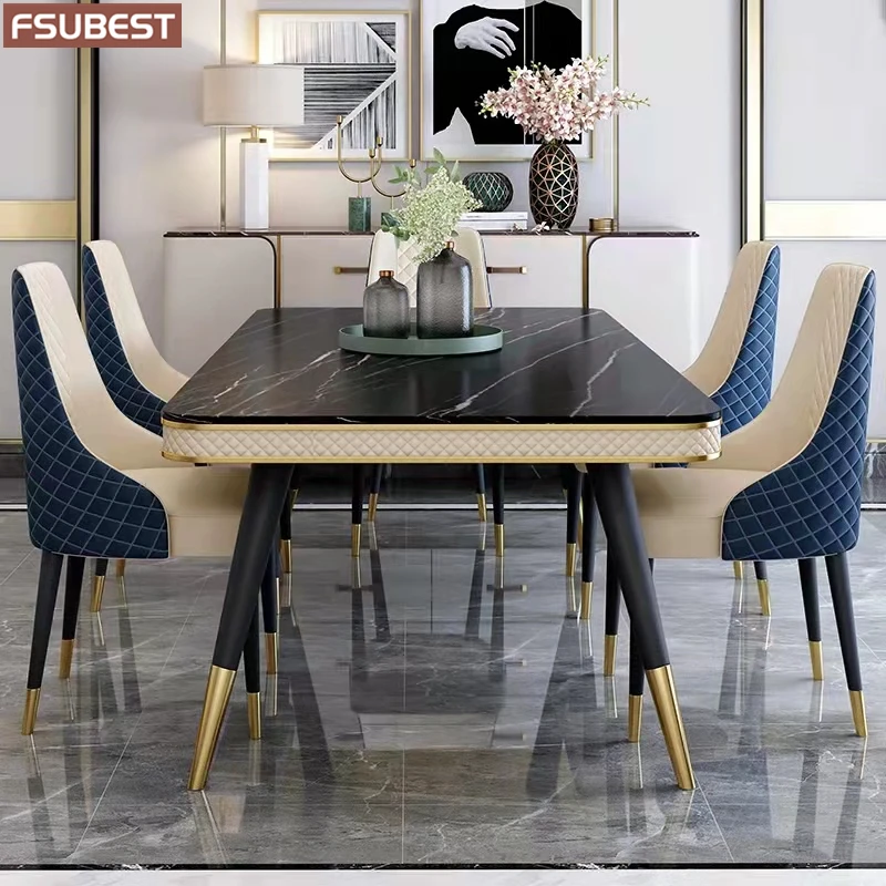 Designer Luxury Dinning Room Rock Slab Dining Table Set 6 Chairs Mesa De Jantar Comedor Posta Furniture Carbon Steel Base