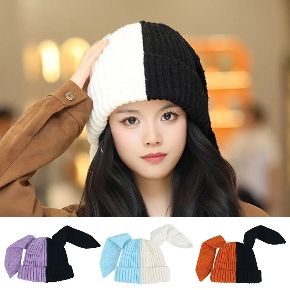 

Cute Cartoon Knitted Woolen Cap Windproof Thickened Winter Beanies Cap Keep Warm Contrast Color Rabbit Ear Hat for Women