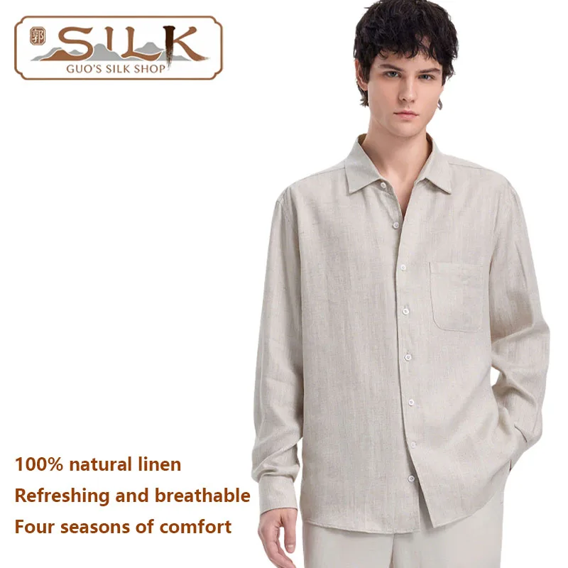 

Элитная мужская рубашка из натурального льна — европейский стиль, длинный рукав, с воротником — дышащая и влагоотводящая