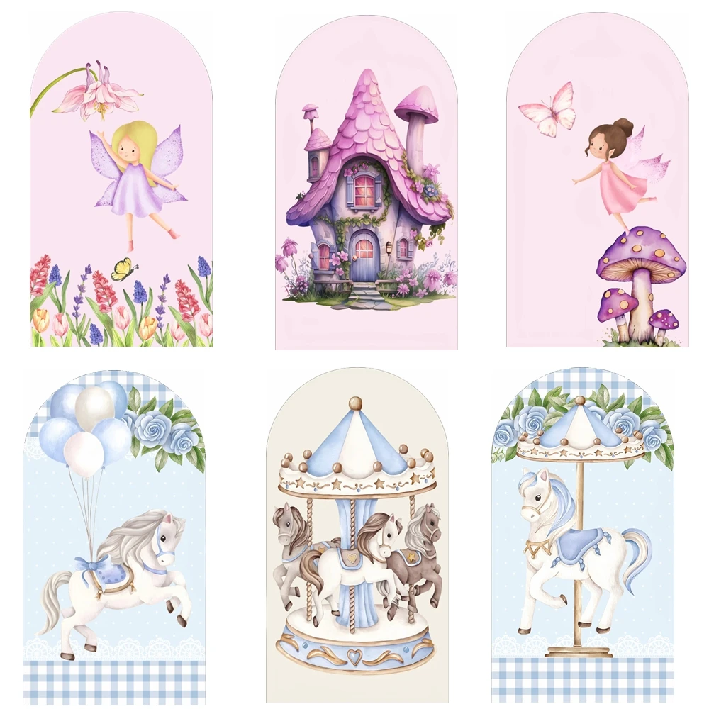 

Fairy Tale Carousel Backgrounds For Photographs Mushroom House Unicorn Decor For Kids Birthday Party Photo Booth Backdrop Decor