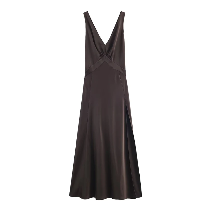 Robe longue en satin marron chocolat pour femme – Robe de soirée élégante, col en V profond, sans manches, fente latérale