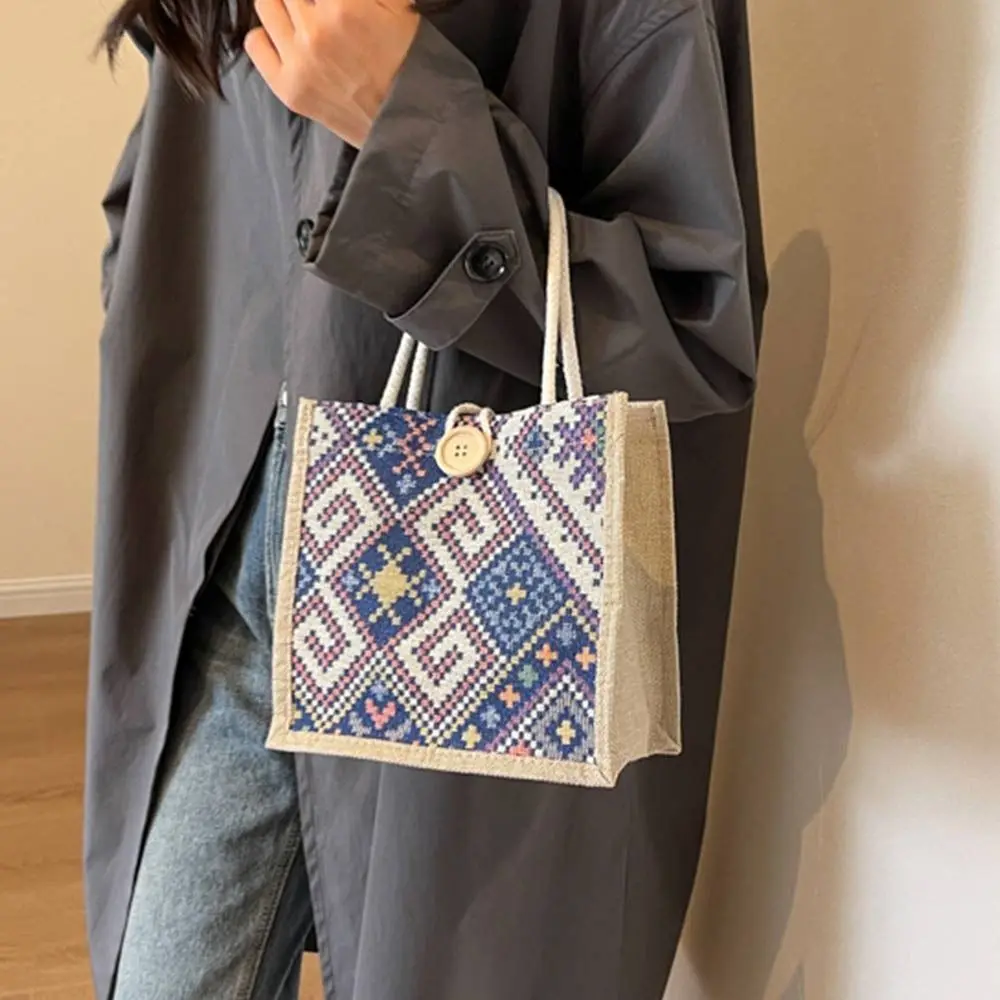 

Travel Hand-Carrying Linen Tote Bag Reusable National Style Handbag Shopping Underarm Bag Women