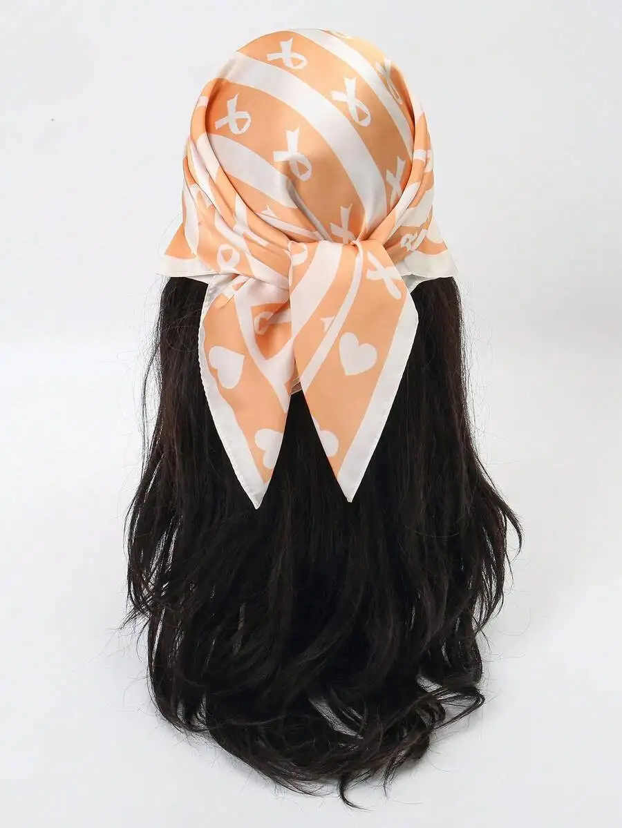 

Peach And White Ribbon Heart Print Square Scarf For Women, Stylish Headwrap Bandana, Multi-Use Hair Accessory Or Neck Wrap