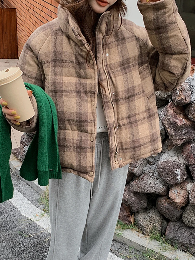 Jmprs Vintage Plaid Parkas Women Loose Winter Thick Warm Stand Collar Cotton Coat Harajuku American Streetwear Pockets Jacket
