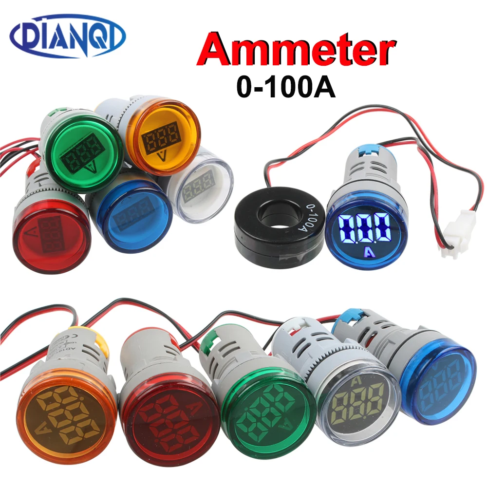 22mm Mini Ammeter Current Meter Indicator LED with CT Transformer White Yellow  Red Green Blue illumination Plastic Meter