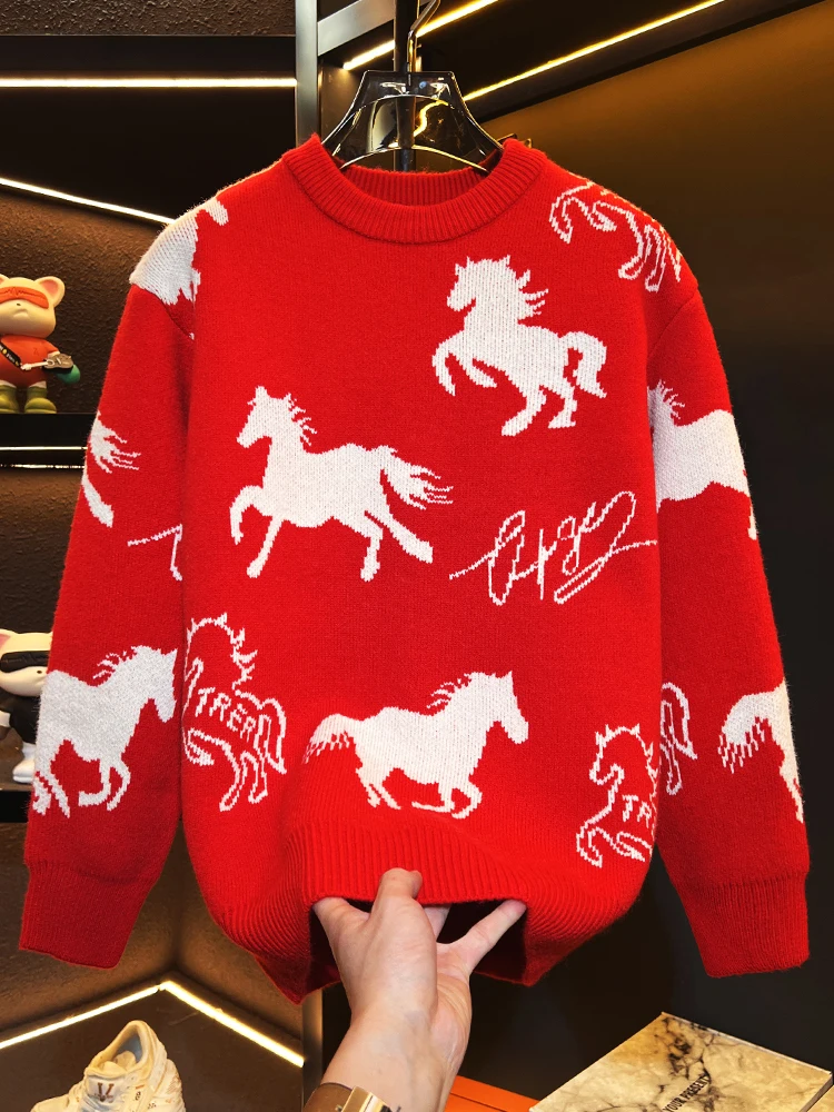 

Luy Year Red Knitted Sweater Men's Autumn Winter Warm Floral Pattern round Ne Base Layer Sweater New Year Casual Sle
