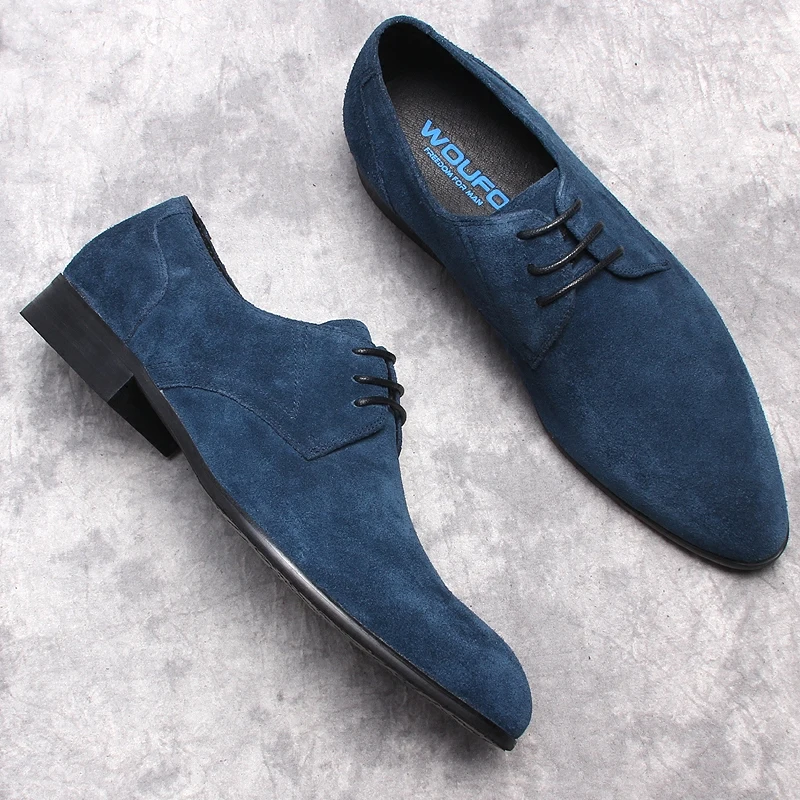 Luxury Suede Men Genuine Cow Leather oxford Shoes Pointed Toe Black Blue Formal Dress Mens Wedding Lace Up Office Shoes For Men