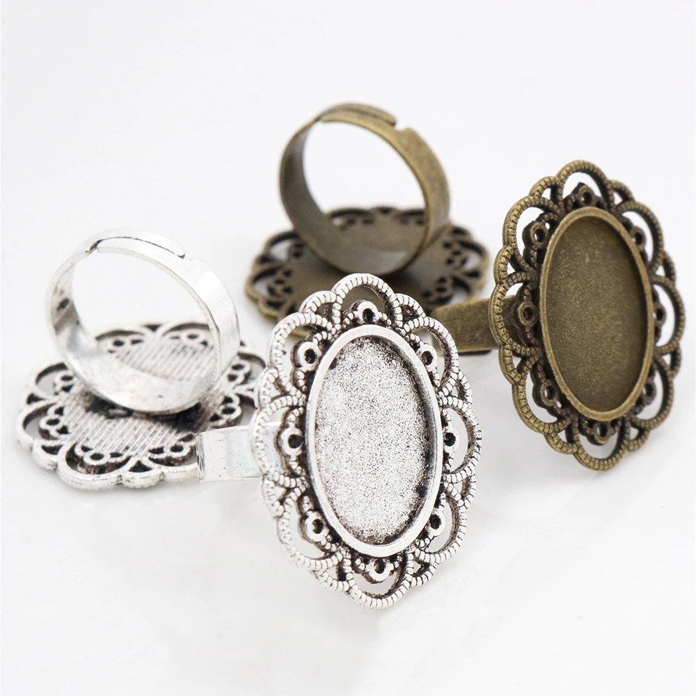 13x18mm 5pcs Antique Silver Plated And Bronze Plated Brass Oval Adjustable Ring Settings Blank/Base,Fit 13x18mm Glass Cabochons