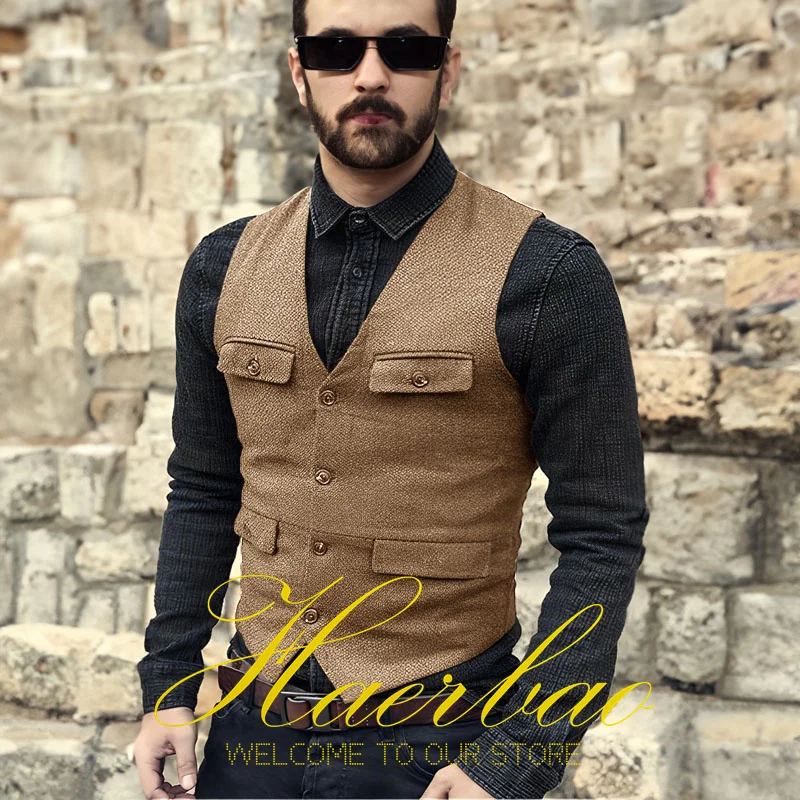 Vest for Men V Neck Herringbone Sleeveless Jacket Vintage Style Steampunk Men Vest Business colete masculino