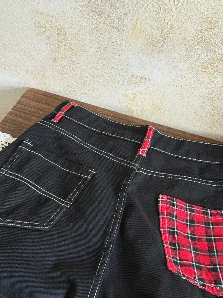 ReddaChic Low Rise Baggy Women's Jean Shorts Emo Summer Black Plain Stitch Straight Denim Bermuda Shorts Punk Vintage Streetwear view 6