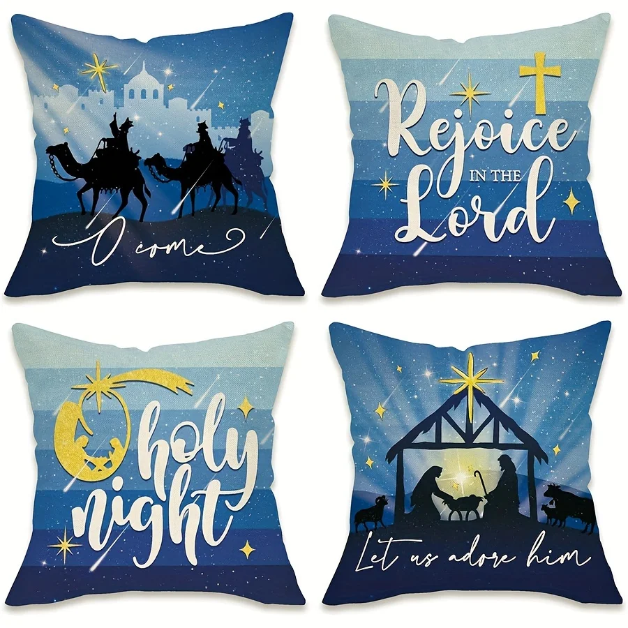 4pcs Religious Christmas Throw Pillow Covers Nativity Scenes, Scripture Quotes (Rejoice in the Lord O Holy Night) Zipper
