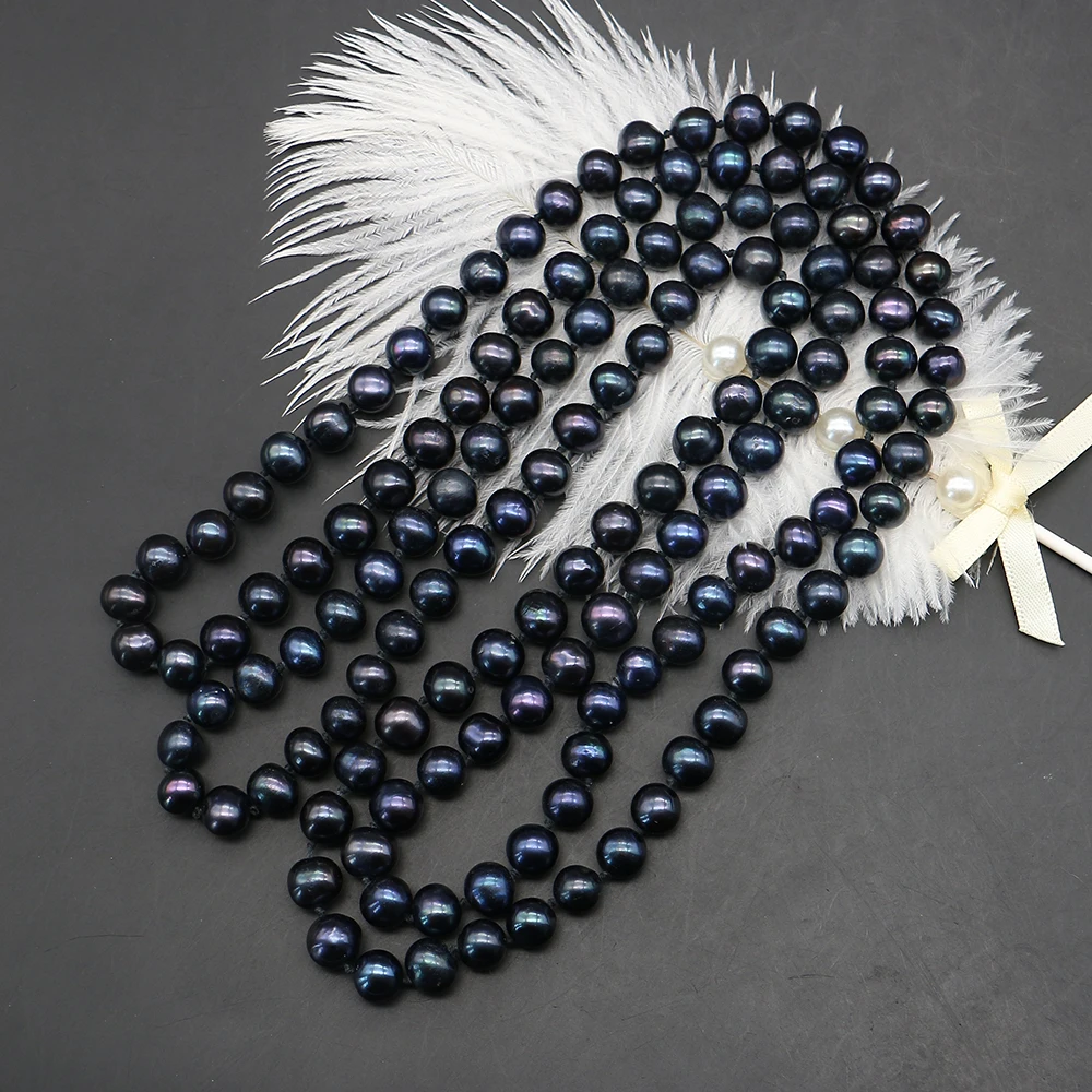 Unique and Distinctive Natural Freshwater Round Dyed Black Straight-hole Long Pearl Beads Necklace Jewelry Accessory 1strand