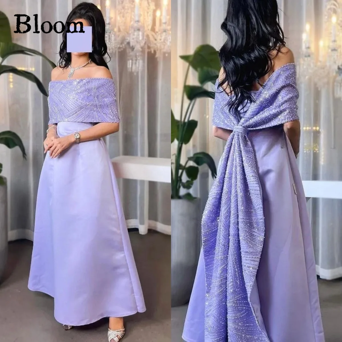 Bloom Lilac Pearls Sequins Customized Off Shoulder 2-Piece Sparkly Saudi Arabia A-line Elegant Formal Occasion Prom Dresses