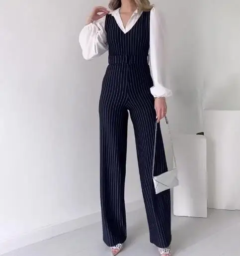 Tuta da donna New Fashion Autunno 2025 Elegante risvolto Contrasto Falso in due pezzi a righe Tute a vita alta per le donne