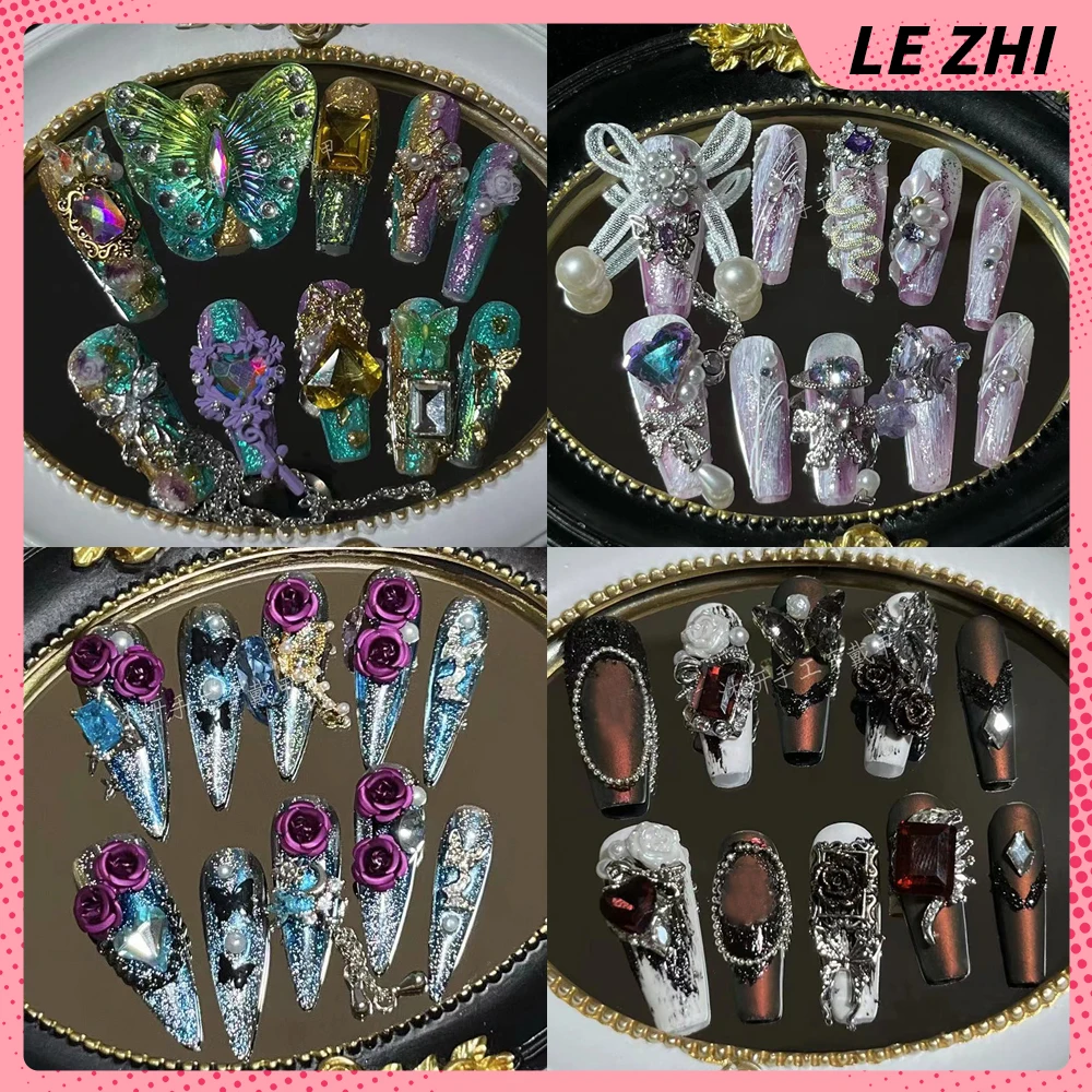 

Dark Punk Gothic Black Rose Stars Lace Pearl Glitter Long Fake Nail 3D Bat Butterfly Love Gemstone Cross Nail Art Party Stickers