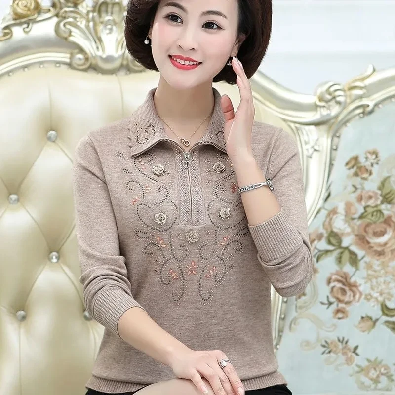 Middle-aged Women\'s Sweater Spring Autumn Long-sleeved Lapel Zipper Pullover Tops 4XL Lady Casual Knit Sweater