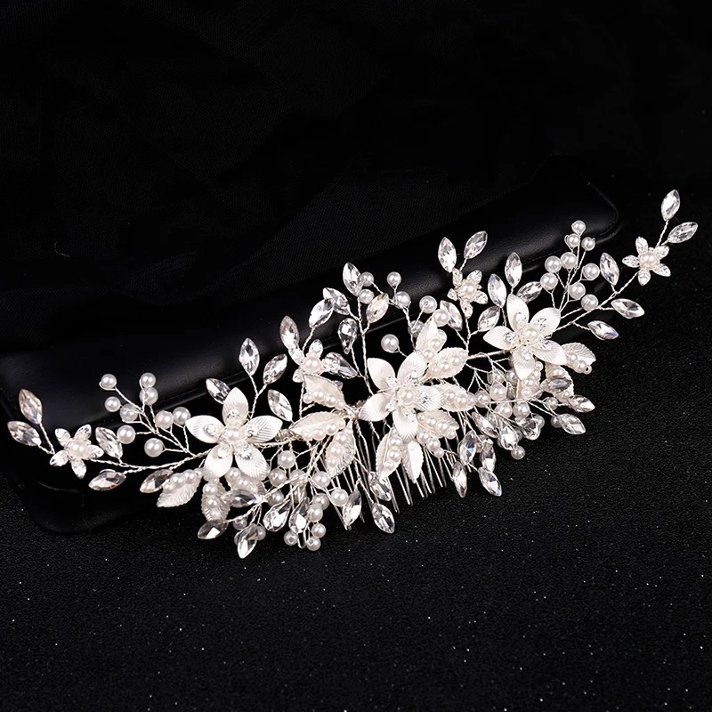 Luxury Crystal Pearl Flower Hair Comb Headband Tiara For Women Bride Party Bridal Wedding Hair Accessories Jewelry Comb Headband