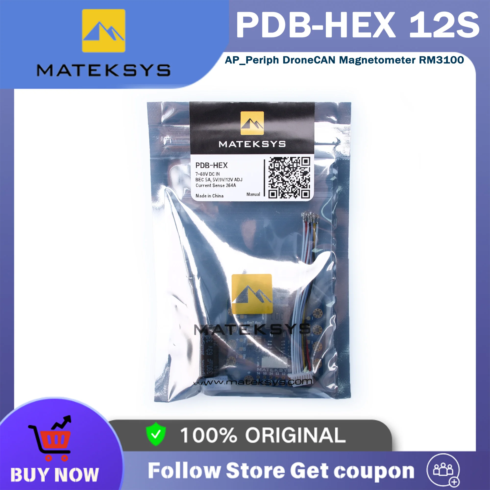 

MATEK Mateksys PDB-HEX 2-12S 5A 5/9/12V BEC Плата распределения питания PDB Выходы Высокоточный датчик тока для FPV RC Drone