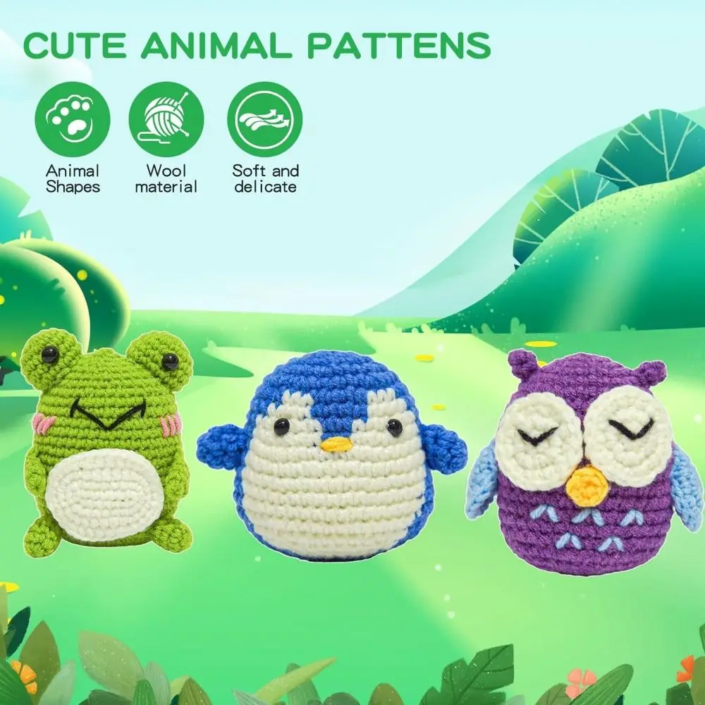 

3Pcs Beginner Crochet Starter Kit Handmade Penguin DIY Crochet Animal Kit Frog With Video Tutorials Crocheting Knitting Kit