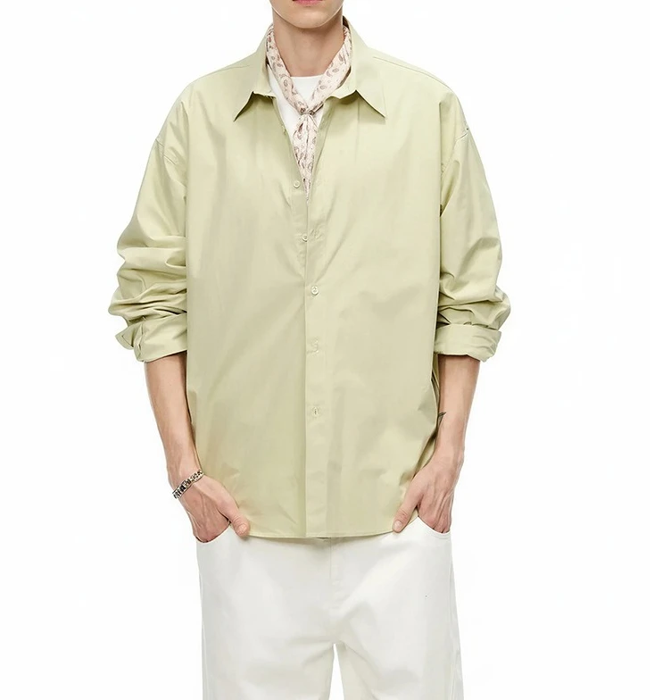 American High-end Silhouette Pure Cotton Casual Long-sleeved Shirt Men's 2026 Spring Season Solid Color Shirt Jacket