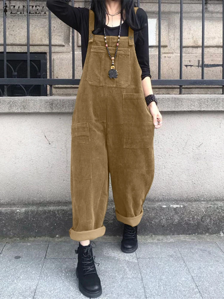 

ZANZEA Autumn Corduroy Jumpsuits 2025 Women Overall Pants Fashion Wide Leg Playsuits Rompers Streetwear Trouser Casual Suspender