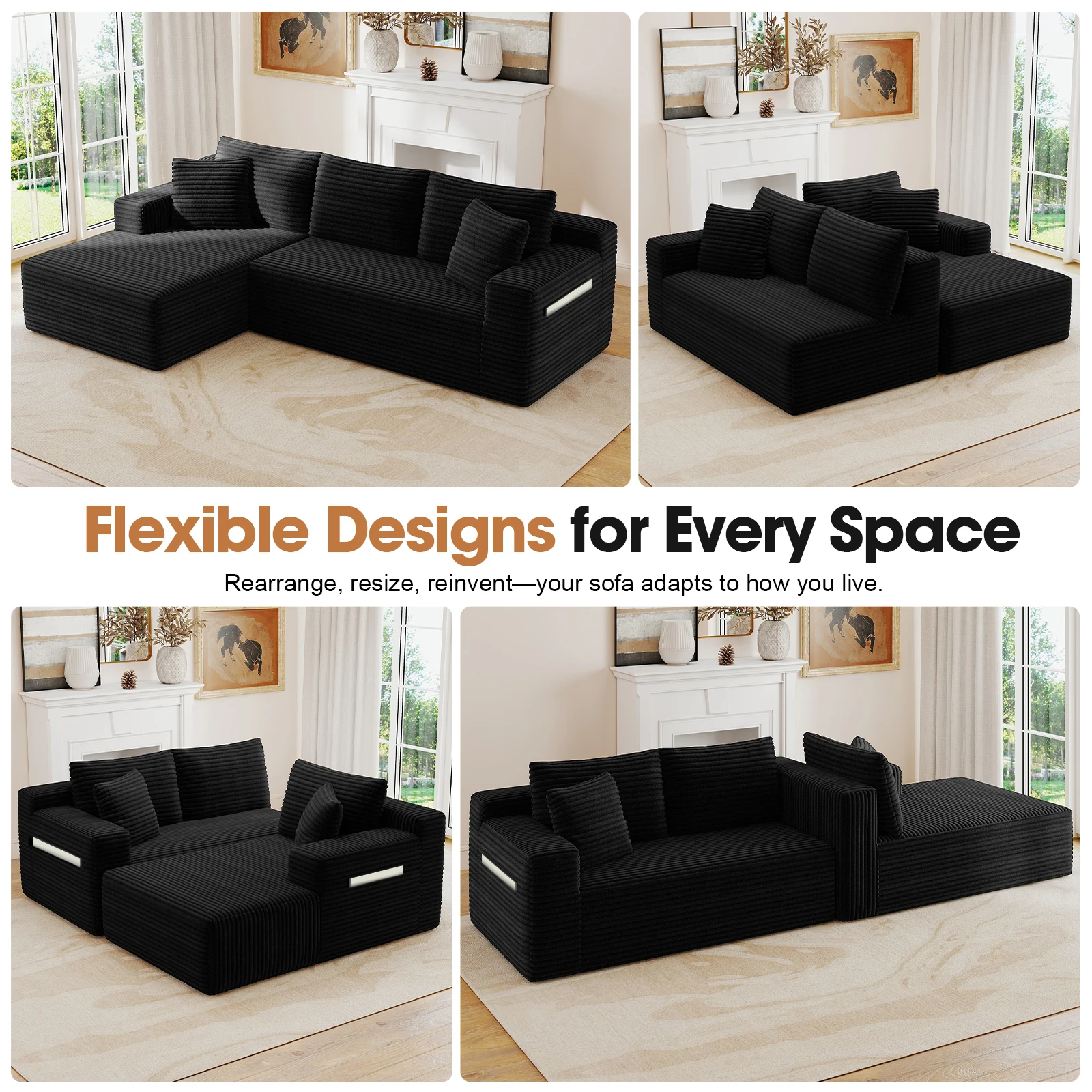 94.5" Cloud Modular Sectional Corduroy Sofa with L-Shape Chaise, No Assembly Deep Seat Corner Couch for Living Room, Black image 7