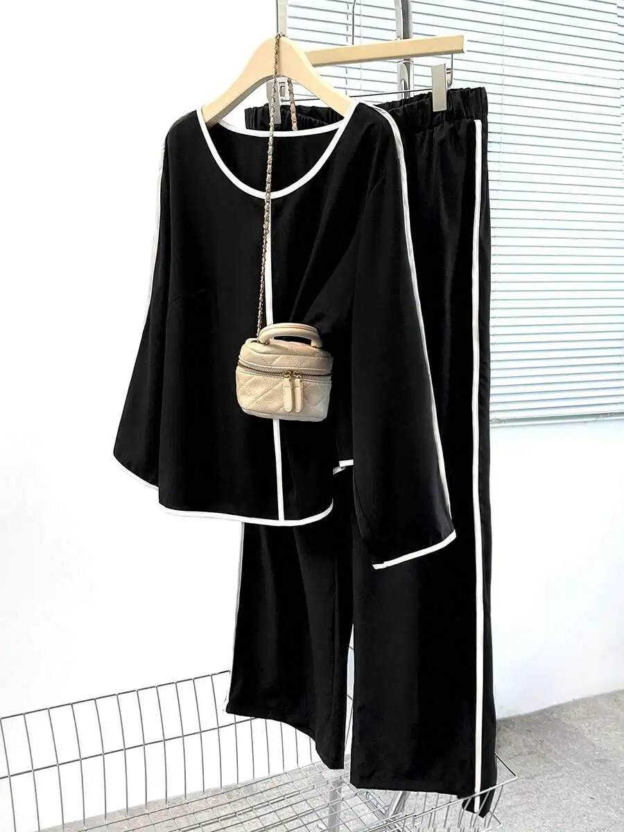 

Black Contrast Trim Long Sleeve Lounge Set with Wide Leg Pants