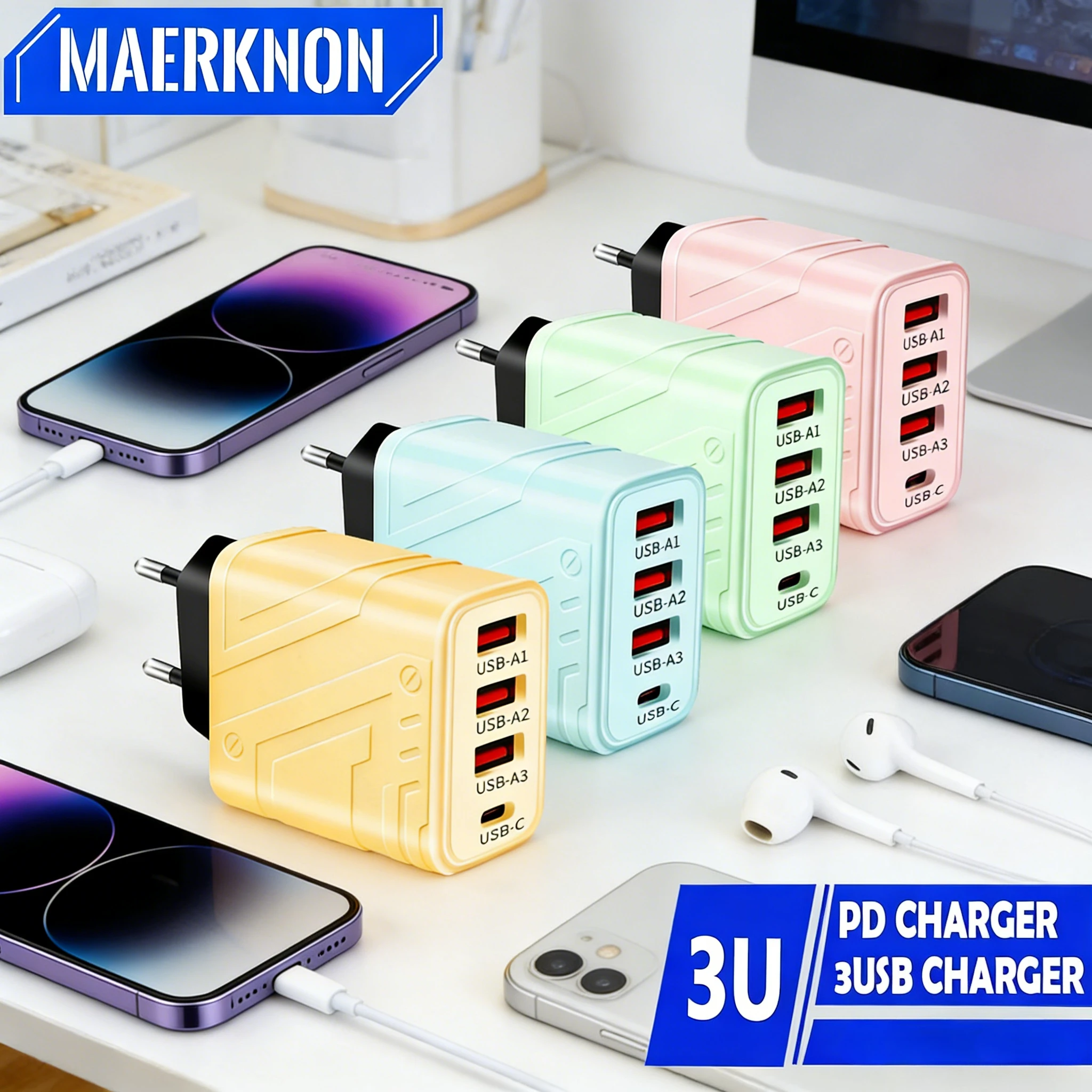 3-Port PD USB-C Schnellladegerät Quick Charge 3.0 Wandladegerät Multi-Port-Ladestation Universal für iPhone 15 14 Samsung Xiaomi