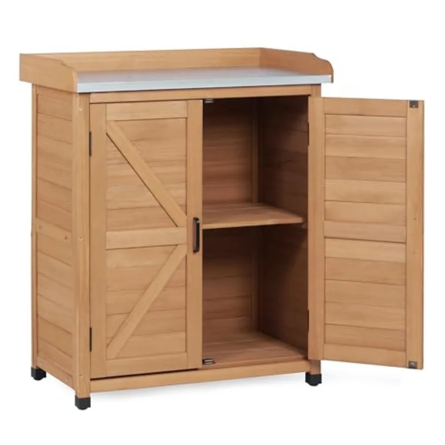 Potting Bench with Storage Cabinet and Metal Table Top for Outdoor Patio, Garden Furniture Wood Workstation,x39