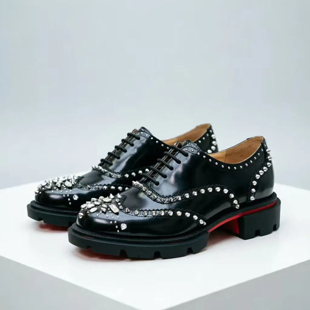 New Men's Leather Oxford Shoes with Crystal Rivets Thick Sole Red Bottom Style Formal Dress Shoes for Wedding Party Prom