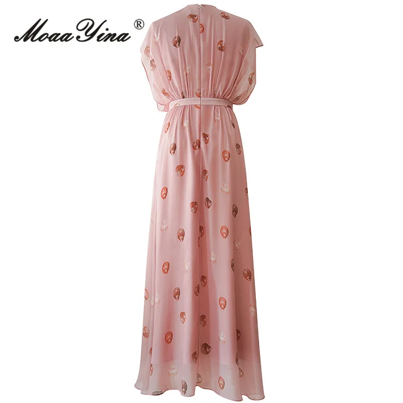 MoaaYina Spring Fashion Designer Vintage Romance Print Dress Women's O Neck Half Sleeve Holiday Party High Waist Slim Long Dress