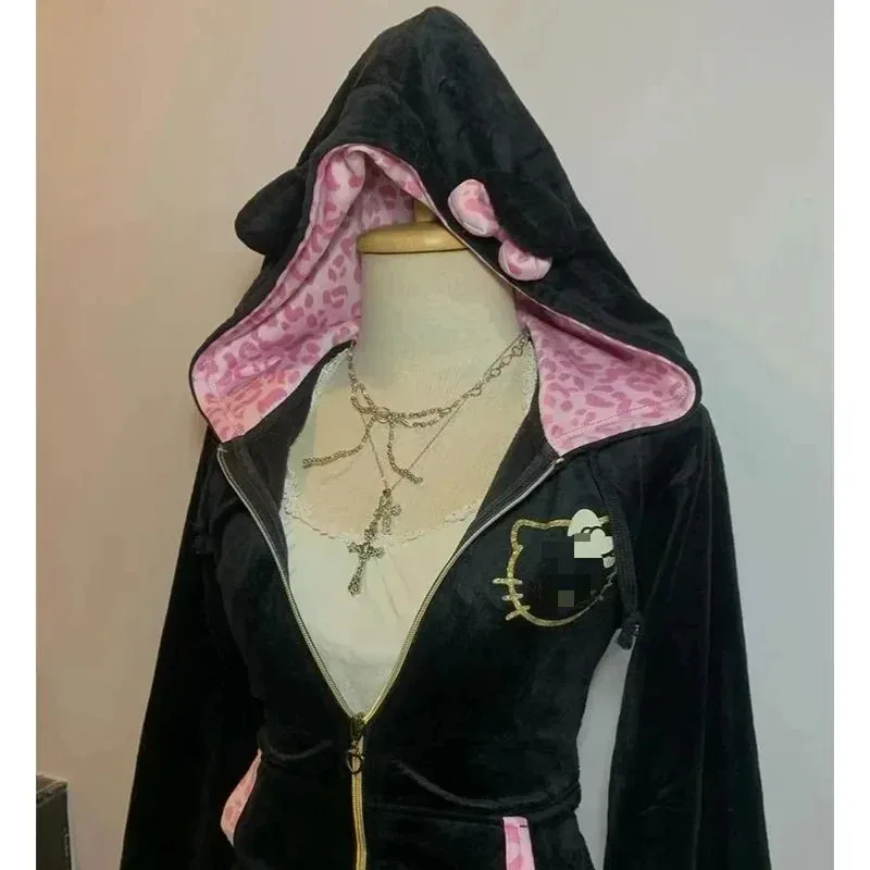 جديد 2025 الشارع الشهير المرأة كنزة قطيفة ريترو Harajuku الوردي ليوبارد طباعة المرقعة البلوز موضة الاتجاه Sportswea ★ ★ ★