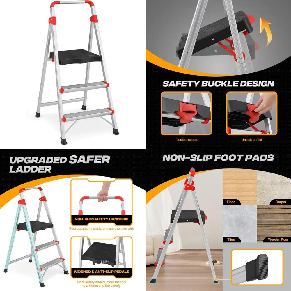 Taburete plegable de aluminio de 3 escalones con 2 pedales estrechos y 1 pedal ancho para adultos