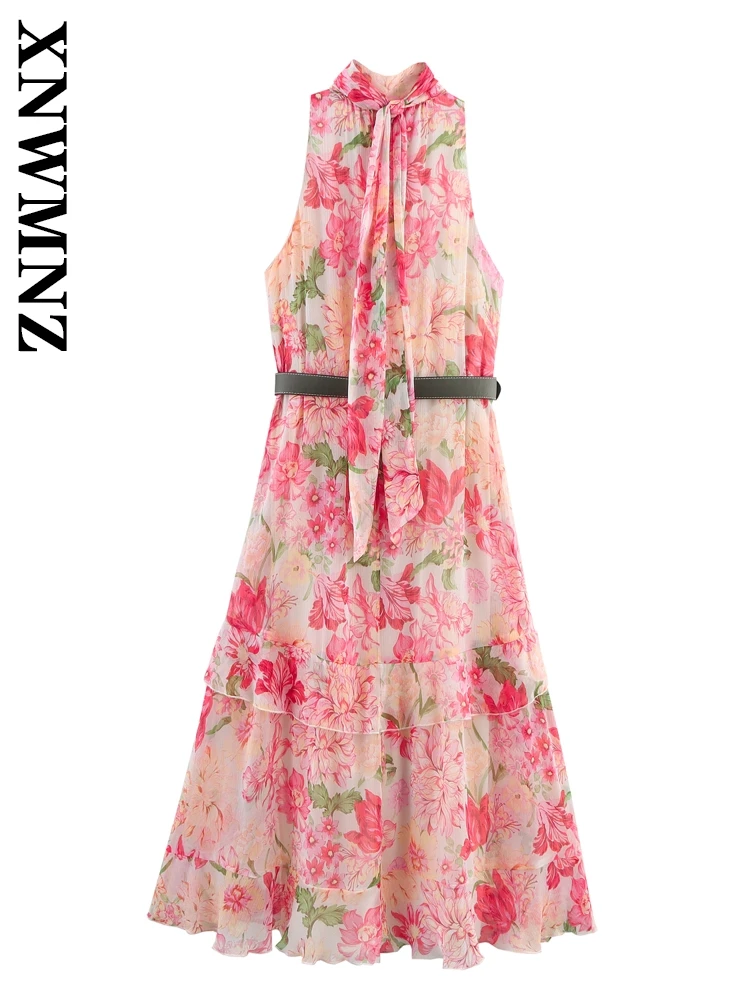 Xnwmnz 2025 verão feminino boho chique o-gola sem mangas plissado vestidos longos férias moda senhora em camadas vestido floral com cinto