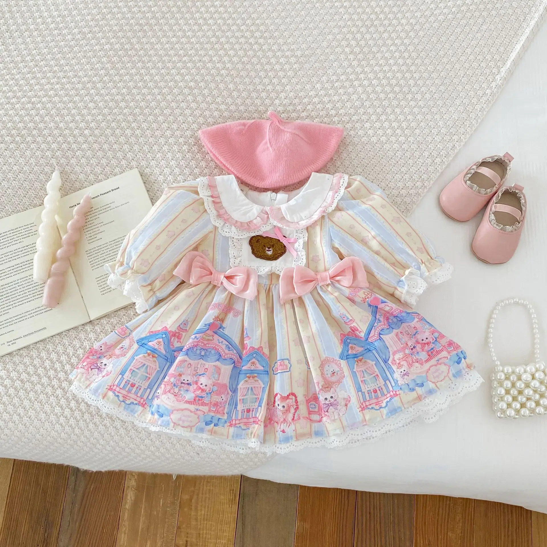 Girls Princess Lolita Dress Spring Autumn 0-6 Year Old Long Sleeve Baby Girls Dress Castle Knotbow Printed Kids Girls Dress