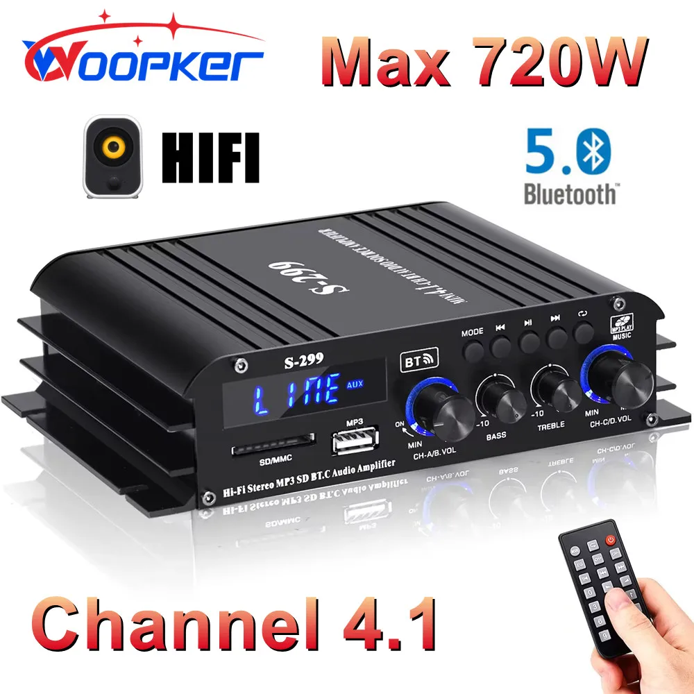 

Woopker Amplifier S-299 Digital Power Amplifier 4.1 Channel Bluetooth 5.0 for Home/Car Wireless Audio Amp Receiver USB/SD AUX