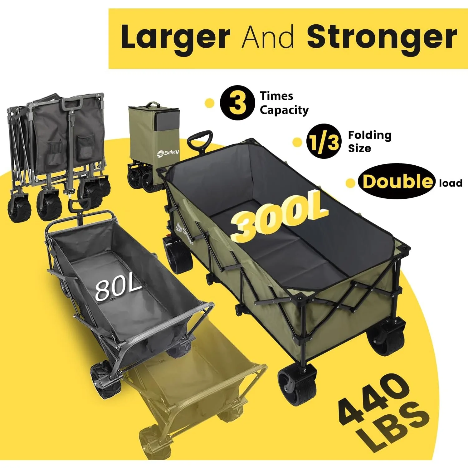 48''L Collapsible Foldable Extended Wagon with 440lbs Weight Capacity, Heavy Duty 300L Folding Utility Garden Cart. Khaki