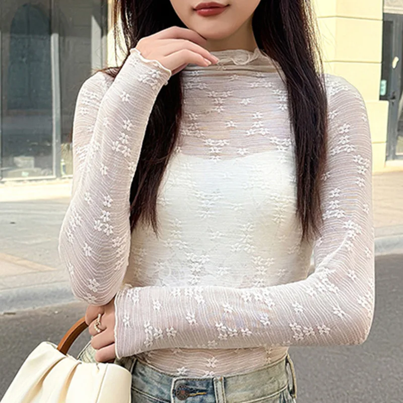 

Korean Ruffle Half-High Turtleneck Long Sleeve Blouse New Sexy Mesh Lace Bottoming Shirts Chic All-Match See-Through Blouses