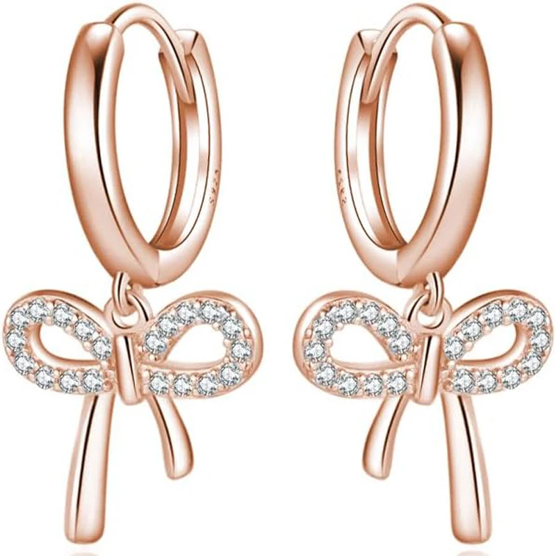 925 Sterling Silver Plated Bow Drop Hoop Earrings for Women Teens Bowknot Hoop Huggie Ribbon Earrings Jewelry Gifts for Her