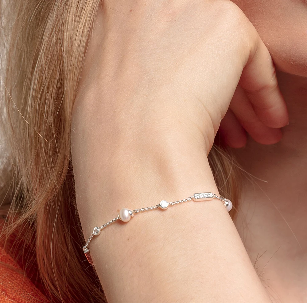 Armband mit Süßwasserperle und weißem Stein, 925er Sterlingsilber, edler Schmuck, Europa, klassisches Geschenk für Damen – Detail 3