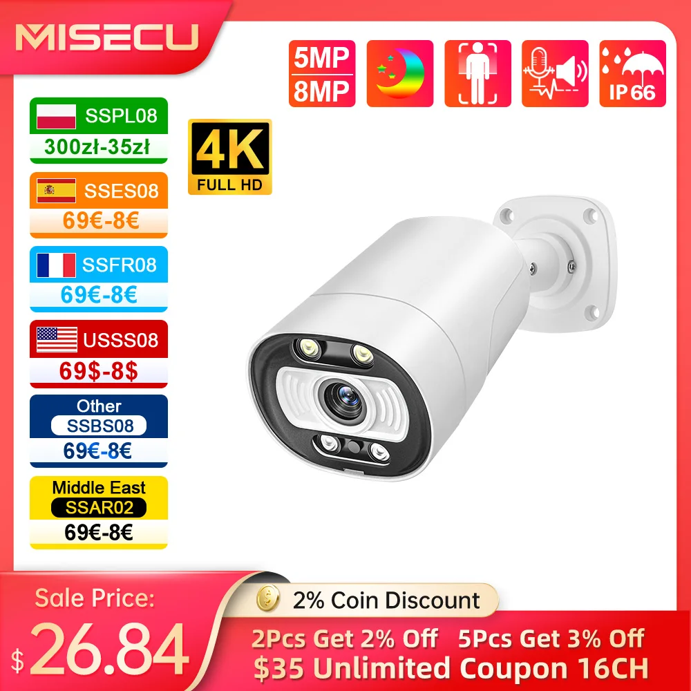 MISECU H.265 4K Ai POE กล้อง 5MP 8MP 2-way การสื่อสาร Human Detect กล้องกลางแจ้งสําหรับกล้องวงจรปิดระบบเฝ้าระวังระบบ