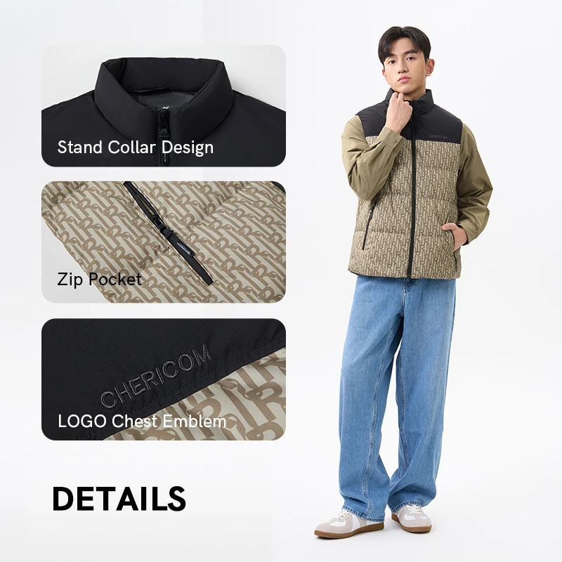Chericom Men's New Lightweight Duck Padding Down Heated Coats Winter Stand Collar Puffer Jacket Print Colorblock Design Y309952N