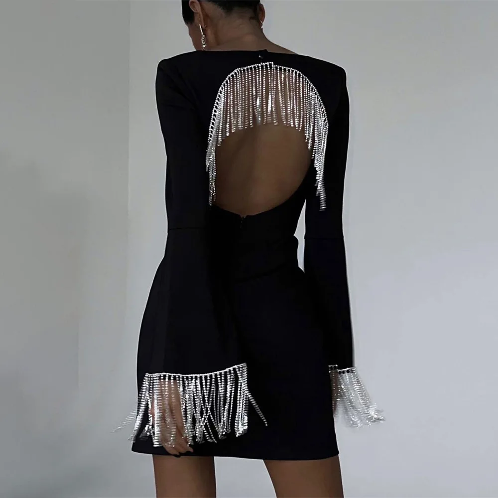 Women\'s Chic Tassel Hollow Mini Dress Long Sleeve Backless Shiny Square Neck Black Short Elegant Christmas Party Evening Prom