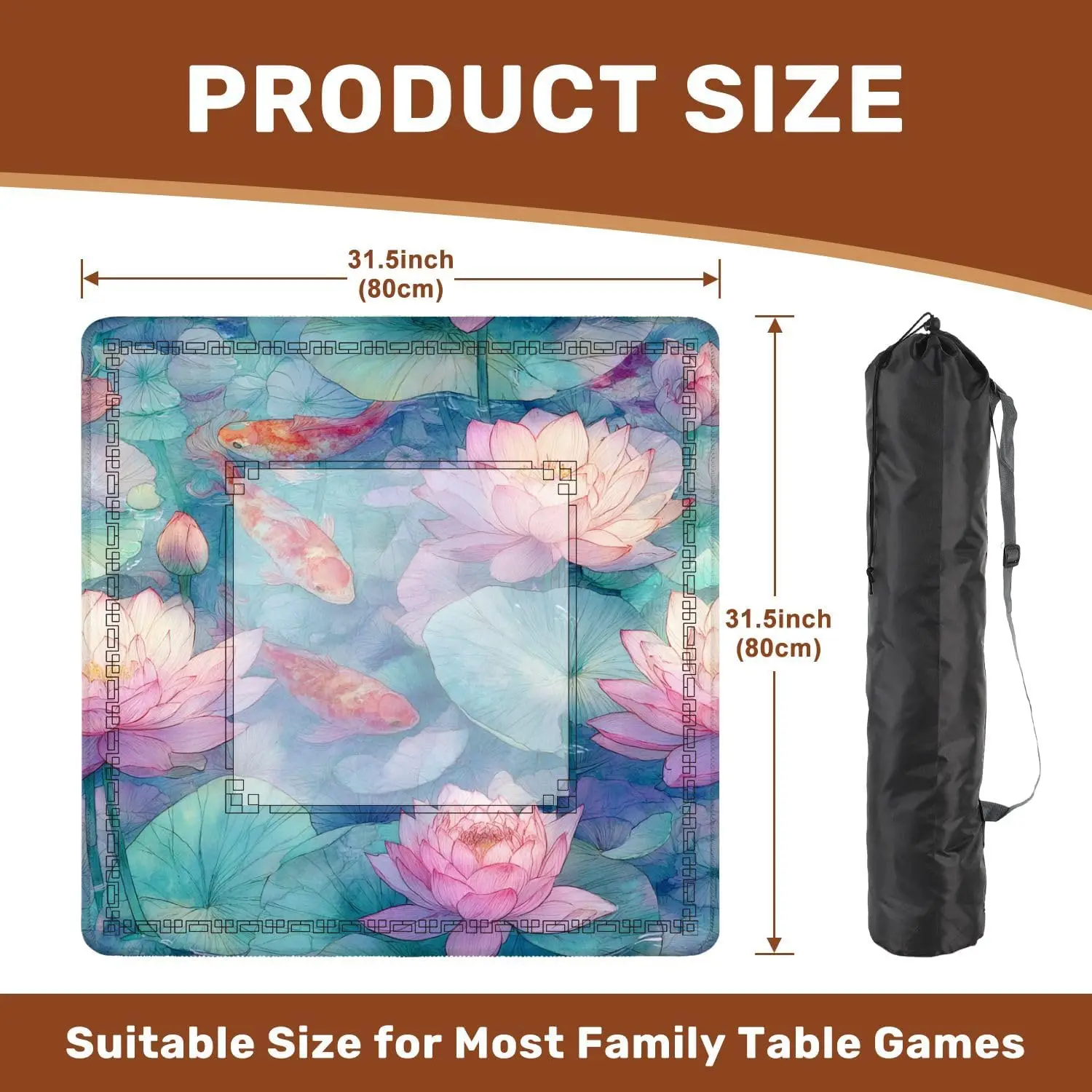 31.5 Inch Neoprene Luxury Mahjong Tablecloth 3mm Watercolor Lotus Pond Fish Sunlight Art Non Slip Noise Reduction for Mahjong