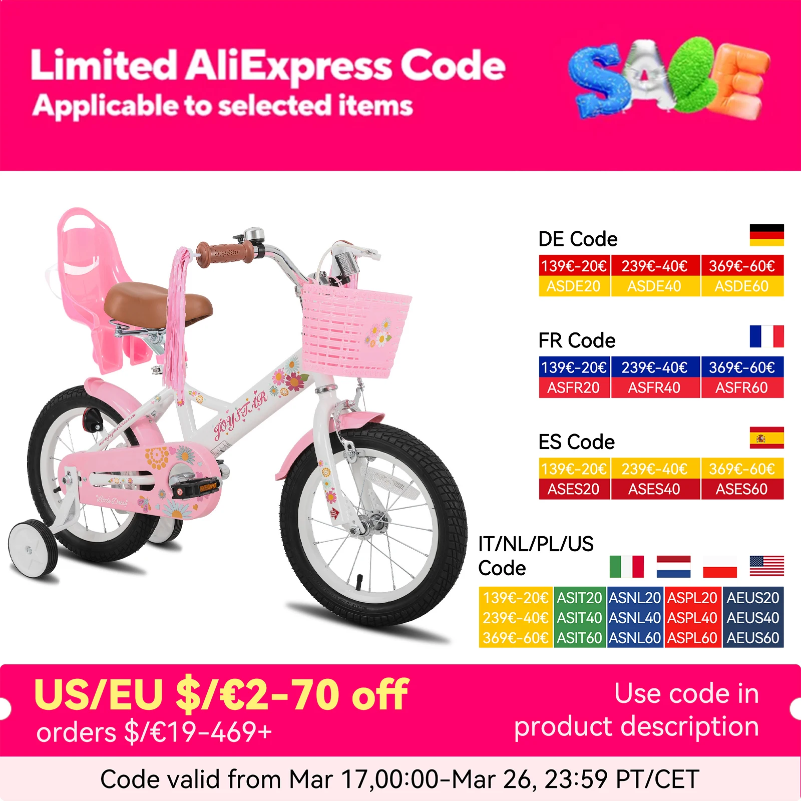 JOYSTAR Kids Bike for Ages 2-7 Years kids, 12 14 16 Inch Girls Bikes with Doll Seat & Streamers, Boys Bike with Flag & Plate