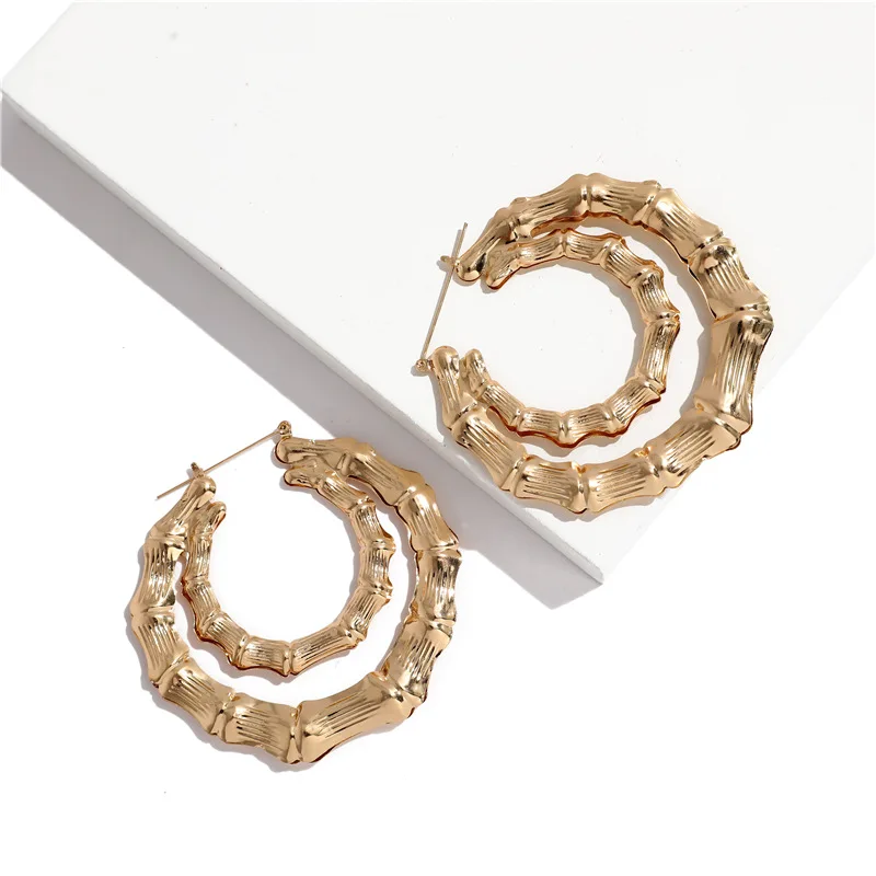 HipHop Gold Color Bamboo Round Hoop Earrings for Women Statement Big Circle Heart Star Geometric Earings Party Jewelry