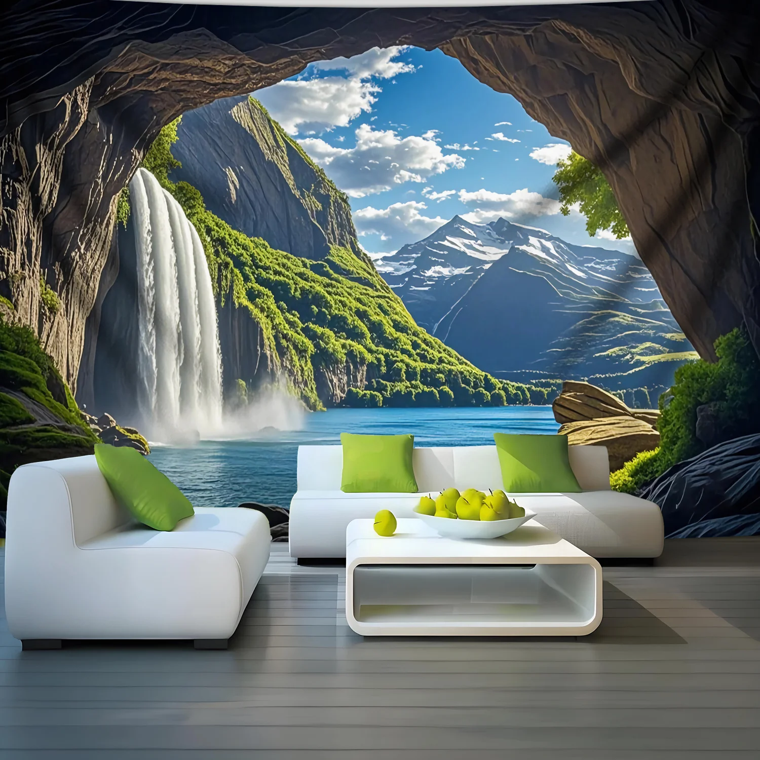 1pc Ultra Large Rock Cave Waterfall Tapestry - Premium Polyester Landscape Wall Art with Hand-Stitched Edges, Wrinkle-Resistant